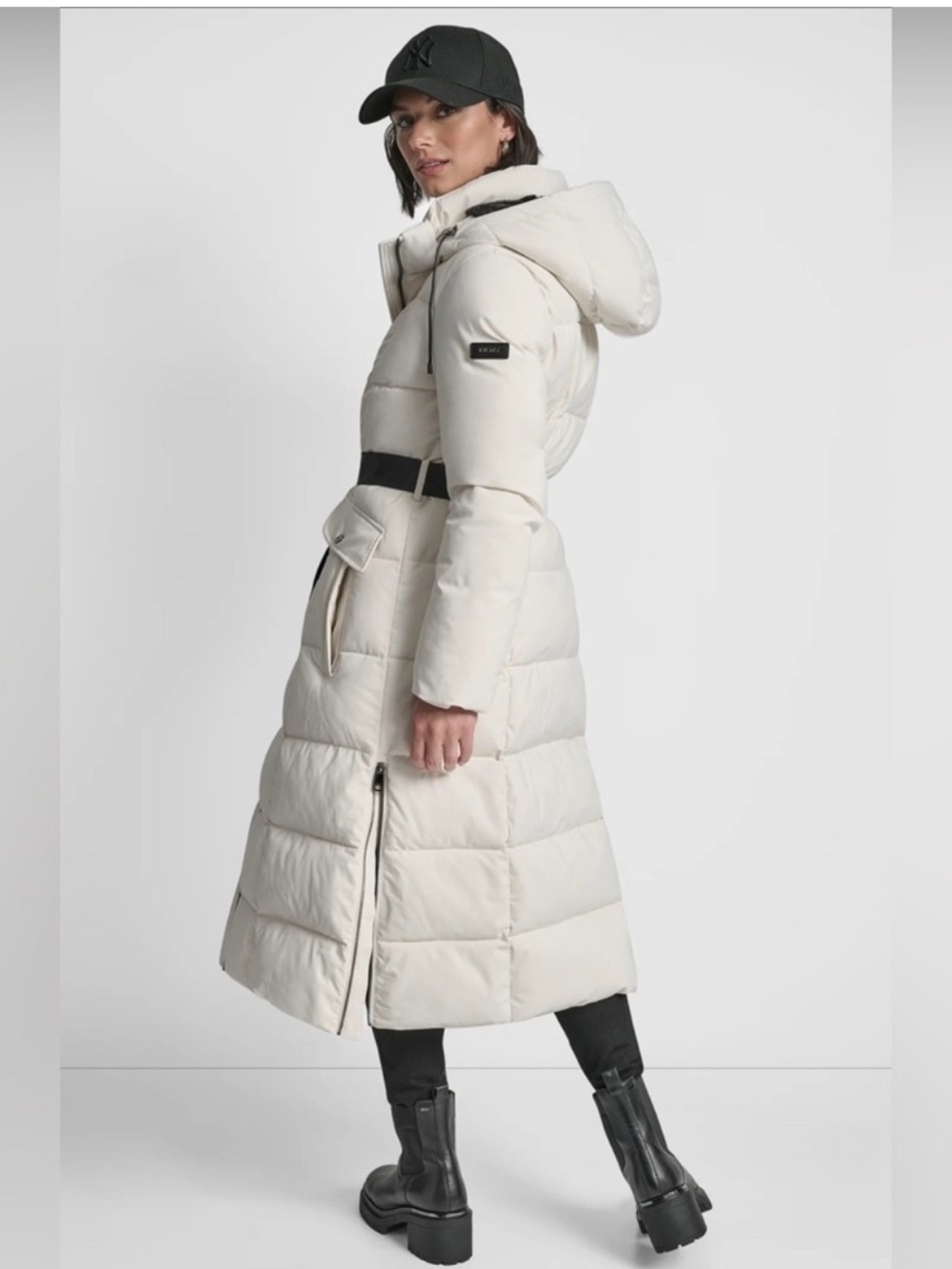 🌸 DKNY Cream Long Quilted Hooded Puffer Coat with Black Belt - Picture 8 of 9